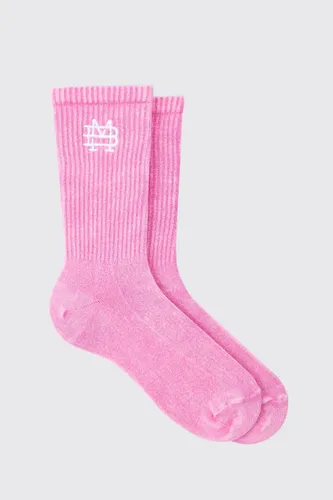 Mens Acid Wash BM Embroidered Socks In Pink, Pink