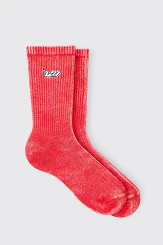 Men's Acid Wash Bm Embroidered Socks In Red - One Size, Red