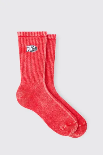 Mens Acid Wash Man Embroidered Socks In Red, Red