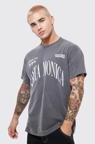 Men's Acid Wash Santa Monica Varsity Print Boxy T-Shirt - Grey - S, Grey
