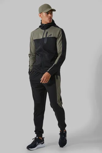 Men's Active Colour Block Funnel Hooded Tracksuit - Green - S, Green