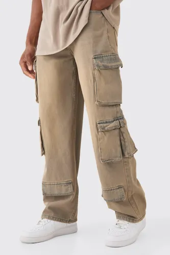 Mens Baggy Rigid Grey Tinted Multi Cargo Pocket Jeans, Grey