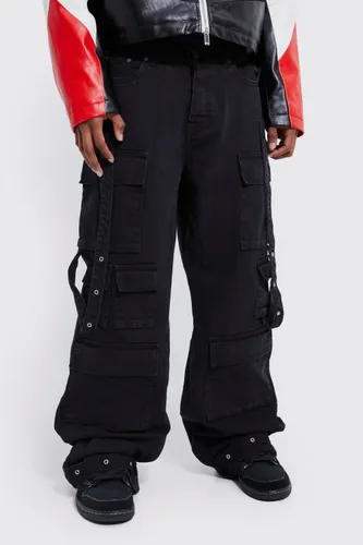 Men's Baggy Rigid Multi Pocket Flare Jeans - Black - 28R, Black