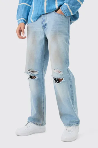 Mens Baggy Rigid Ripped Knee Dirty Wash Jeans In Light Blue, Blue