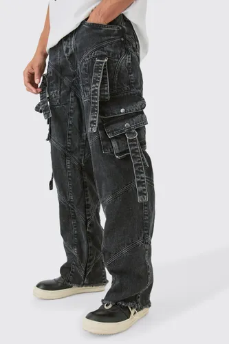 Men's Baggy Rigid Strap And Buckle Detail Jean In Washed Black - 28R, Black