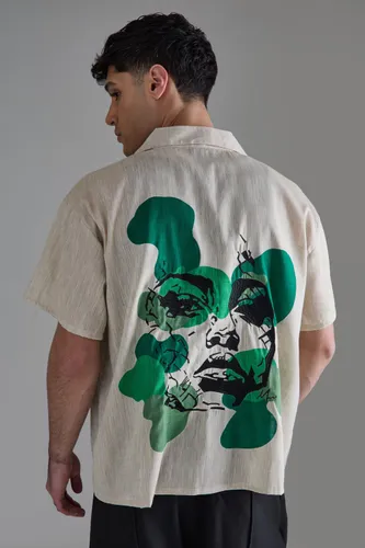 Mens Beige Boxy Linen Back Embroidered Shirt, Beige