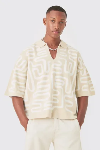 Mens Beige Boxy Oversized Abstract Knit Polo, Beige