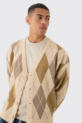 Mens Beige Boxy Oversized Brushed Check All Over Cardigan, Beige