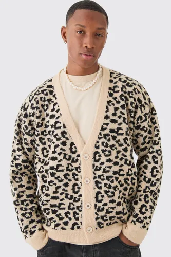 Mens Beige Boxy Oversized Leopard All Over Cardigan, Beige