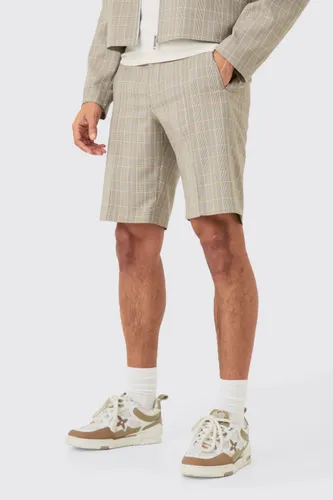 Mens Beige Checked Fixed Waist Tailored Shorts, Beige
