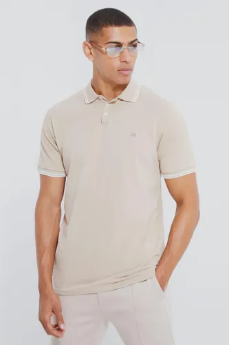 Mens Beige Crown Embroidered Tipped Pique Polo, Beige