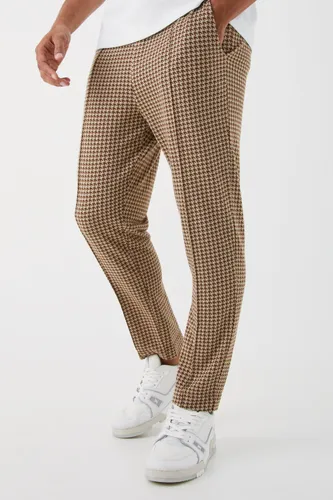 Mens Beige Elasticated Tapered Pintuck Dogstooth Trousers, Beige