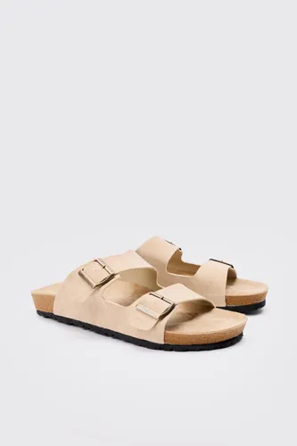 Mens Beige Faux Suede Double Buckle Sandals In Taupe, Beige