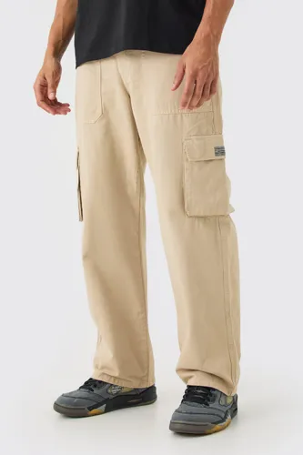 Mens Beige Fixed Waist Cargo Zip Trouser With Woven Tab, Beige