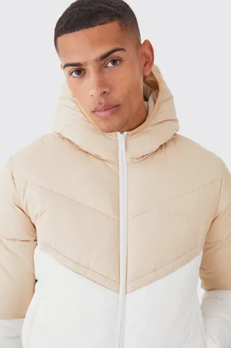 Mens Beige Man Colour Block Quilted Puffer With Hood, Beige