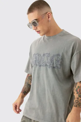 Mens Beige Oversized Acid Wash Man Embroidered Distressed T-shirt, Beige