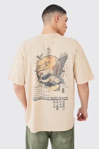 Mens Beige Oversized Bird Graphic T-shirt, Beige