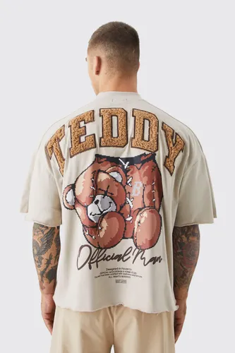 Mens Beige Oversized Boxy Heavyweight Borg Teddy Graphic T-shirt, Beige