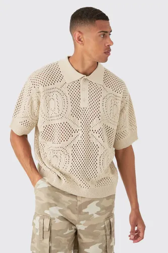 Mens Beige Oversized Boxy Open Stitch All Over Textured Polo In Stone, Beige