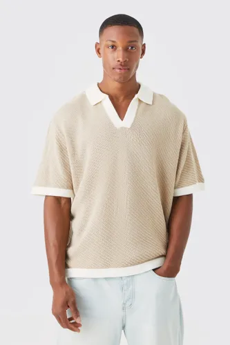 Mens Beige Oversized Contrast Collar Knitted Polo, Beige