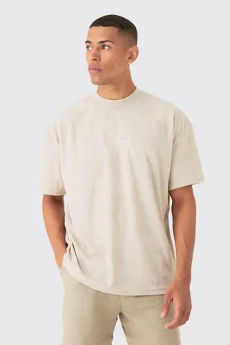 Mens Beige Oversized Extended Neck Towelling Homme T-shirt, Beige
