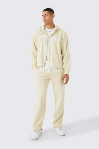 Mens Beige Oversized Zip Through Washed Puff Print Tracksuit, Beige