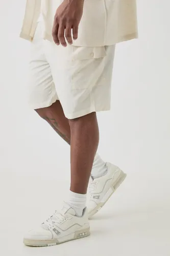 Mens Beige Plus Elasticated Waist Relaxed Linen Cargo Shorts In Natural, Beige