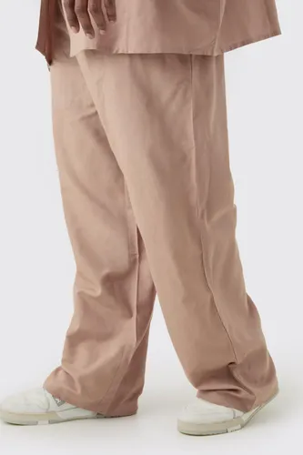 Mens Beige Plus Elasticated Waist Relaxed Linen Trouser In Taupe, Beige