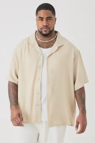 Mens Beige Plus Short Sleeve Oversized Linen Shirt In Natural, Beige