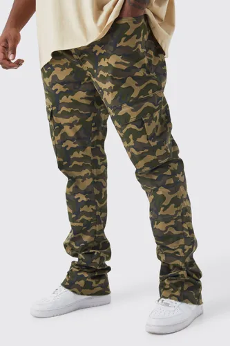 Mens Beige Plus Skinny Stacked Flare Gusset Camo Cargo Trouser, Beige
