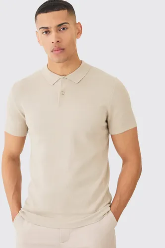 Mens Beige Regular Fit Button Up Knitted Polo, Beige