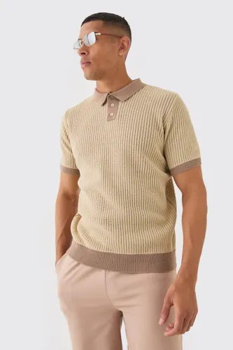 Mens Beige Regular Fit Ribbed Open Stitch Contrast Polo In Taupe, Beige