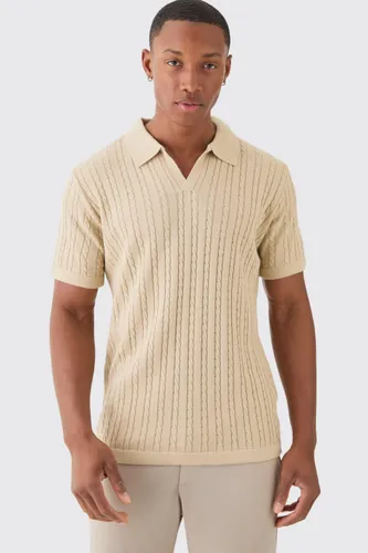 Mens Beige Regular Revere Collar Cable Knit Polo, Beige