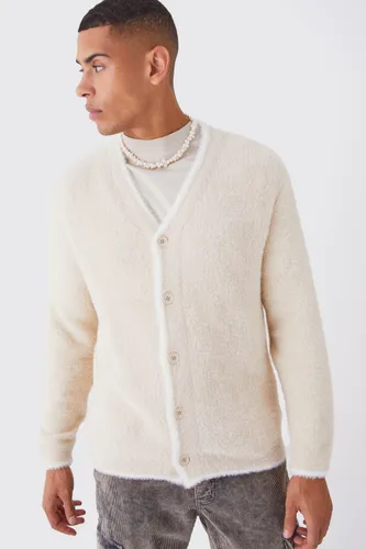 Mens Beige Relaxed Fluffy Cardigan With Tipping, Beige