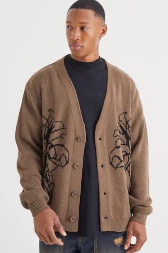 Mens Beige Relaxed Line Graphic Flower Cardigan, Beige