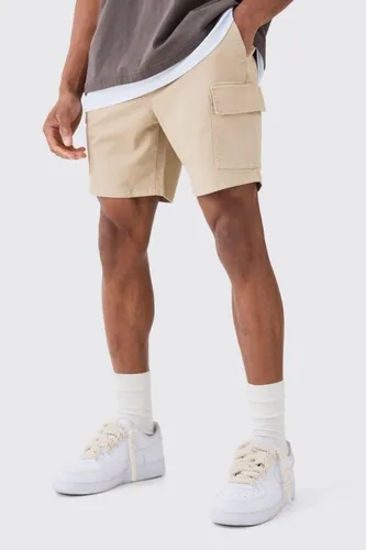 Mens Beige Slim Fit Elasticated Waist Cargo Shorts, Beige