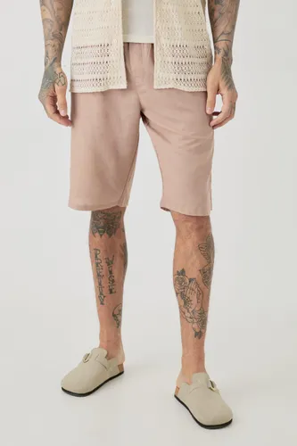 Mens Beige Tall Elasticated Waist Linen Comfort Shorts In Taupe, Beige