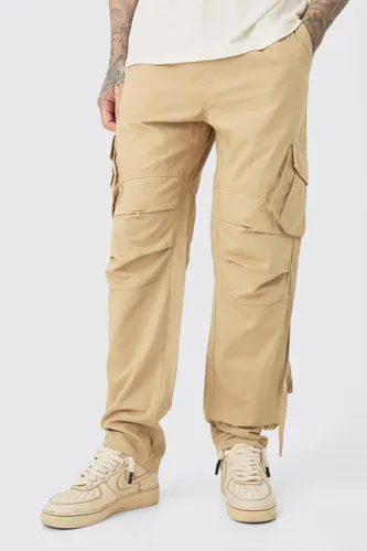 Mens Beige Tall Elasticated Waist Straight Washed Ripstop Cargo Trouser, Beige
