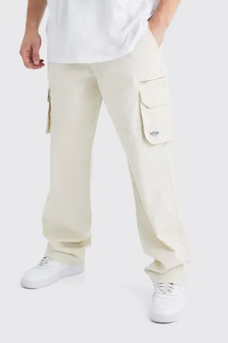 Mens Beige Tall Fixed Ripstop Cargo Zip Trouser With Woven Tab, Beige