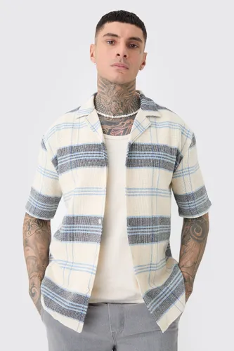 Mens Beige Tall Short Sleeve Drop Revere Textured Check Shirt In Stone, Beige