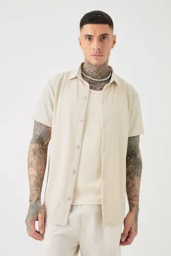 Mens Beige Tall Short Sleeve Regular Textured Shirt In Stone, Beige