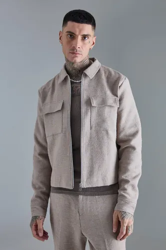 Mens Beige Tall Textured Cotton Jacquard Smart Harrington Jacket, Beige