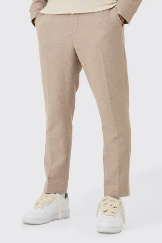 Mens Beige Textured Jacquard Fixed Waist Smart Tapered Trousers, Beige