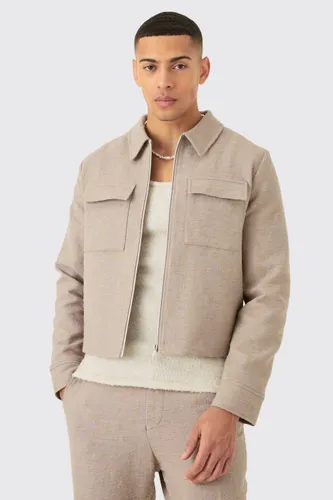 Mens Beige Textured Jacquard Smart Harrington Jacket, Beige