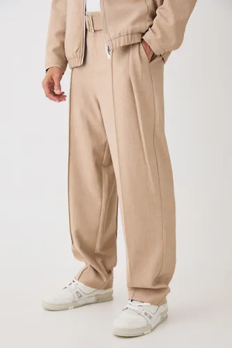 Mens Beige Textured Tailored Belted Relaxed Fit Trousers, Beige