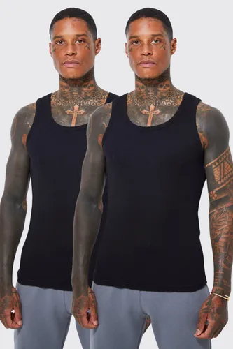 Mens Black 2 Pack Muscle Fit Ribbed Vest, Black