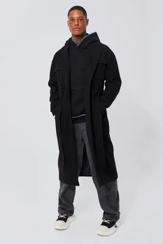 Mens Black 4 Pocket Longline Belted Overcoat, Black