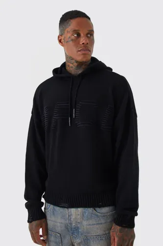 Mens Black Boxy 3d Ofcl Knitted Hoodie, Black