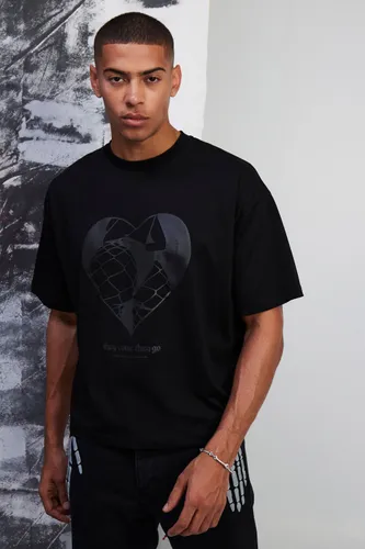 Mens Black Boxy Oversized Premium Silicone Print T-shirt, Black