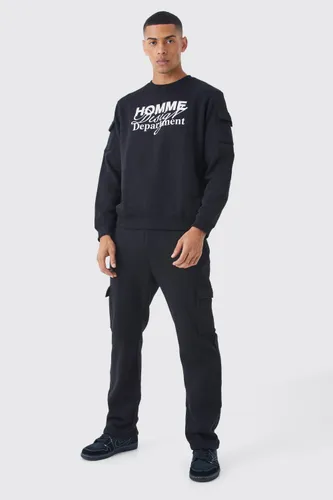 Mens Black Cargo Pocket Graphic Sweatshirt & Jogger Set, Black